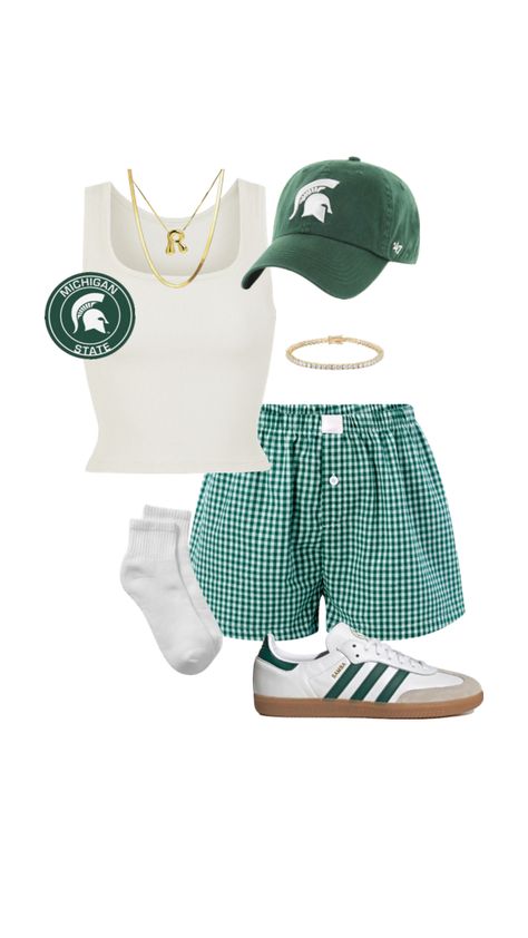 michigan state university gameday outfit inspo💚🤍 College Football Game Outfit, Football Tailgate Outfit, College Gameday Outfits, Miami Outfits, University Outfit, Tailgate Outfit, Football Game Outfit, Europe Outfits, Michigan State University