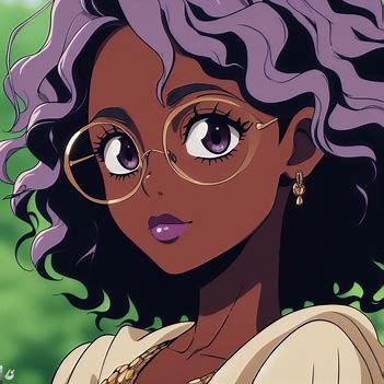 Black Clover screencap of a brown female with chocolate skin, purple hair, dark eyes, square face , plum pink lips , small nose, glasses. She is beautiful. She is wearing a gold outfit - Image Creator from Microsoft Designer Purple Hair Dark Skin, Purple Hair Dark, Black Cartoons, Short Purple Hair, Girl With Purple Hair, Hair Color For Brown Skin, Anime Purple Hair, Skin Drawing, Eye Illustration