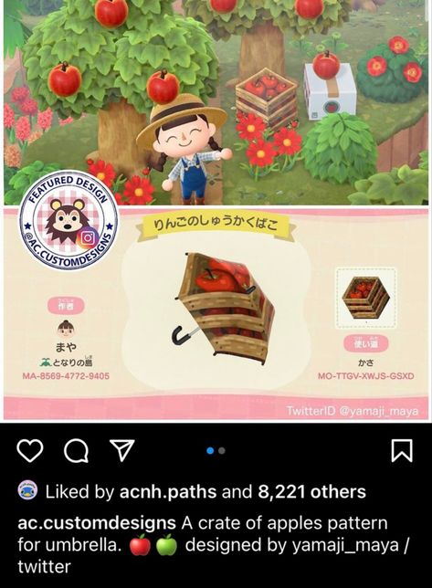 Apple Orchard Acnh Codes, Apple Gift Guide Acnh, Acnh Apple Stall Design, Acnh Apple Design, Acnh Fruit Codes, Acnh Apple Orchard, Mushcore Animal Crossing, Umbrella Codes Acnh, Fall Acnh Codes