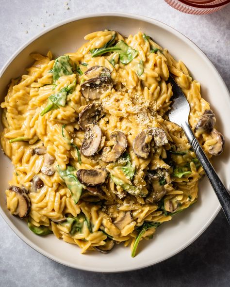 One-Pot Creamy Mushroom and Spinach Orzo | Kitchn Mushroom Spinach Orzo, Mushroom Orzo, Cheesy Orzo, Spinach Orzo, Pantry Meals, Creamy Orzo, Vegetarian Spaghetti, One Pot Vegetarian, Mushroom Spinach