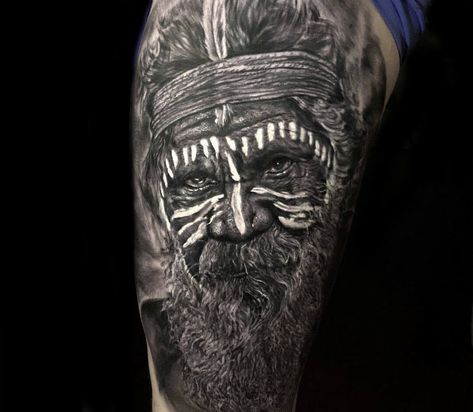 Aboriginal man tattoo by Marcos Martins | Photo 30032 Aboriginal Tattoo, Gorilla Tattoo, Indigenous Australian Art, Man Tattoo, Native Australians, World Tattoo, Realistic Tattoo, Calf Tattoo, Tattoo Artwork