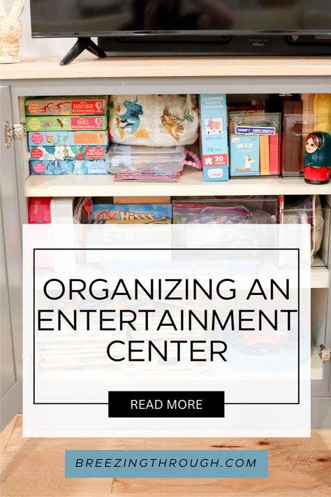 I absolutely love our entertainment center but it can so easily get cluttered and messy. Click to read how I put in some organization systems to hopefully stay on top of it! #homeorganization #declutter #organize #neurodivergenthome Media Cabinet Organization, Entertainment Center Organization, Media Organization, Organization Systems, Center Organization, Home Office Cabinets, Craft Cart, Entertainment Cabinet, Open Cabinets