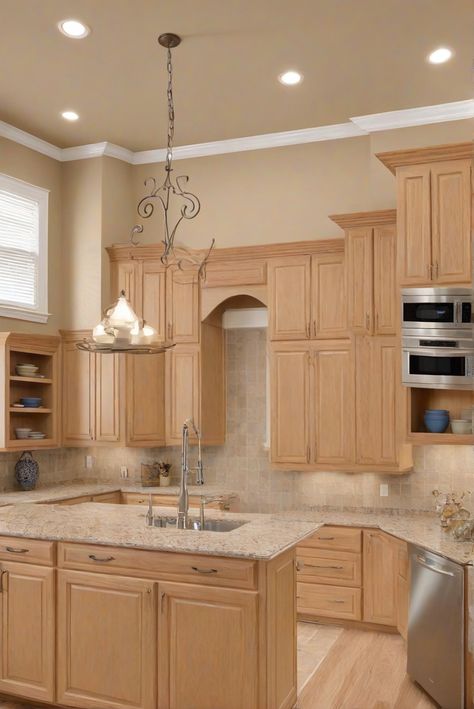 kitchen paint colors, best wall paint, oak wood cabinets, painting kitchen cabinets Wood Stain Kitchen Cabinets, Oak Wood Cabinets, Stain Kitchen Cabinets, Colored Wood Stain, Wood Stained Kitchen Cabinets, Beige Wall Paints, Light Oak Floors, Stained Kitchen Cabinets, Balanced Beige