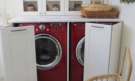 Washer and dryer hidden in a kitchen hutch | 60 Smart Solutions for How to Hide Washer and Dryer in Your Home | Decoist Pocket Door Washer Dryer, Doors To Cover Washer And Dryer, Ways To Hide Washer And Dryer In Kitchen, How To Hide Washer And Dryer In Kitchen, Hiding Washer And Dryer Hoses, Washer And Dryer Hidden, Hide Washer And Dryer, Kitchen Washer And Dryer, Hide Appliances