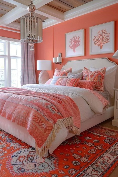 Small White Bedrooms, Cream And White Bedroom, Green And White Bedroom, Peach Bedroom, Bedroom Ideas Luxury, Coral Bedroom, Modern White Bedroom, Coastal Bedroom Decorating, White Bedroom Decor