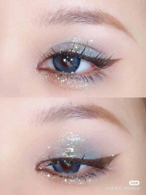 Blue Shimmery Eye Makeup, Blue Korean Makeup, Prom Blue Makeup, Eye Makeup Chinese, Sky Blue Makeup Look, Soft Blue Eye Makeup, Light Blue Prom Makeup, Sky Blue Makeup, Eye Makeup Korean