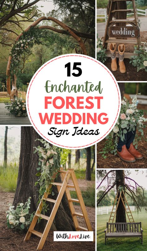 Dive into the magic of an enchanted forest wedding! 🌲💞 Explore breathtaking decor ideas, romantic touches, and natural elements that make your celebration unforgettable. Embrace the beauty of nature on your special day. Save this pin for all the inspiration you’ll need! 🌟🌿 Enchanted Rustic Wedding, Wedding Enchanted Forest Theme, Wooded Wedding Theme, Diy Forest Wedding Decorations, Enchanted Forest Theme Party Decoration, Wedding In The Woods Forests, Mystical Wedding Theme, Enchanted Forest Sign, Fairy Tale Wedding Decorations