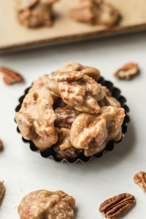 Several southern pecan pralines in a mini tart pan. Pecan halves are scattered around it. Best Pecan Praline Recipe, Pecan Praline Recipe, Praline Candy, Live Well Bake Often, Pecan Halves, Praline Recipe, Pecan Praline, Mini Tart Pans, Homemade Candy