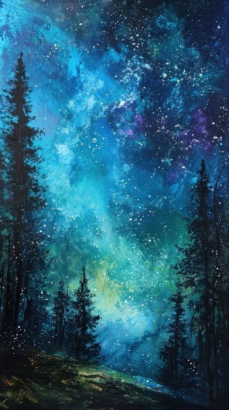 Watercolor Night Painting, Enchanted Painting, Night Scenery Painting, Aurora Watercolor, Cosmos Painting, Aurora Painting, Aesthetic Mobile Wallpaper, Woodland Painting, Dark Watercolor