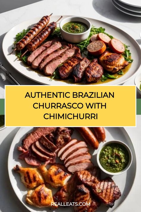 Authentic Brazilian churrasco with various grilled meats and chimichurri sauce. Brazilian Churrasco, Grilled Meats, Measuring Ingredients, Paleo Beef, Chimichurri Sauce, Pork Sausage, Grilled Meat, Home Recipes, Food Guide