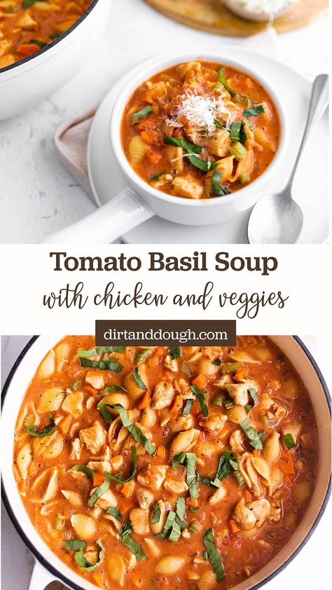 Need a hearty dinner for your family or a crowd? This chicken tomato soup is a winner! Cooked chicken, sautéed veggies, creamy tomato stock and topped with fresh basil and parmesan. Serve with some fresh bread to send it over the edge. Tomato Basil Garlic Soup, Crockpot Soup Tomato, Tomato Based Chicken Soup, Tomato And Chicken Soup, Tomato Basil Chicken Soup, Soup Recipes With Tomatoes, Chicken Tomato Soup Recipes, Chicken Soup With Tomatoes, Chicken And Tomato Soup