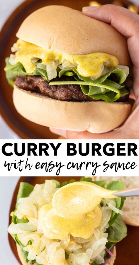 A two image pin with the top image of a hand grabbing a curry burger and the bottom image showing a spoon dripping yellow curry sauce over an open burger with mixed greens and sautéed onions on it. The text in the middle is black on a white background and reads "curry burger with easy curry sauce". Curry Burger Recipes, Poolside Sandwiches, Easy Curry Sauce, Curry Burger, Curry Mayo, Burger Ideas, Curry Seasoning, Sautéed Onions, Chicken Burgers Recipe