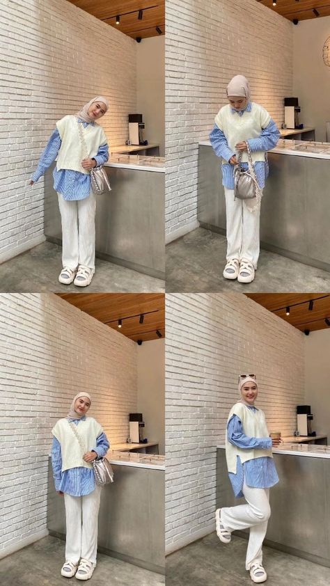 Ootd Knitwear Hijab, Blue Outfit Hijab, Ootd Knitwear, Ootd Korean Style Hijab, Ootd Pastel, Korean Style Hijab, Outfit Muslim, Blue Hijab, Stylish Outfits Casual