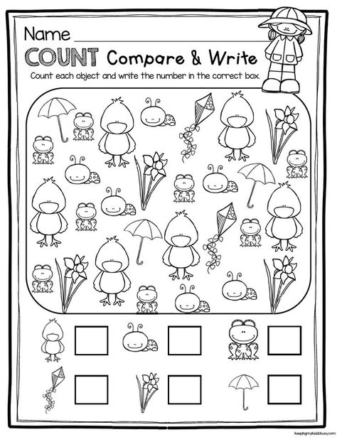 SPRING count compare and write - easy kindergarten spring worksheet March Preschool, Animals Numbers, Count And Write, Compare Numbers, Free Kindergarten Printables, Spring Worksheet, Number Counting, Easter Math, Bahasa China