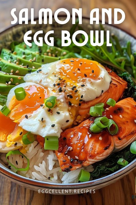 If you are in the mood for a flavorful and nutritious meal, this Salmon and Egg Bowl recipe is just what you need. #salmon and egg rice bowl #salmon egg poke bowl #salmon bowl with egg #egg salmon breakfast bowl #teriyaki salmon bowl with egg #salmon avocado egg bowl #egg salmon bowl #salmon poke bowl with egg #salmon rice egg bowl #smoked salmon egg bowl #egg roll in a bowl with salmon #salmon egg roll bowl # Poke Bowl Salmon, Egg Bowl Recipe, Teriyaki Salmon Bowl, Egg Rice Bowl, Egg Roll Bowl, Salmon Poke Bowl, Egg Recipes For Dinner, Salmon Breakfast, Egg Lunch