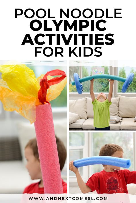 Looking for activities to celebrate the Olympics with your kids? Then you'll want to grab some pool noodles and give these fun Olympic activities a try. They're great for toddlers, preschool, and up! #olympics #kidsactivities #poolnoodles Olympic Activities For Kids, Olympic Torch Craft, Summer Olympics Crafts, Summer Olympics Activities, Vbs Olympics, Winter Olympics Activities, Olympic Activities, Preschool Olympics, Olympic Games For Kids