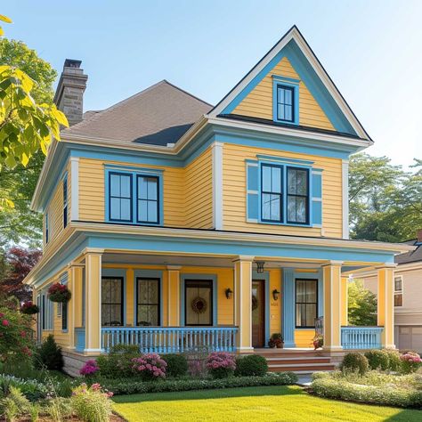 Pastel Yellow and Hazy Blue for Soft, Dreamy House Exteriors • 333+ Images • [ArtFacade] Light Yellow House Exterior, Unique House Colors Exterior, Blue And Yellow House, Yellow Exterior House, Exterior House Colours, Yellow House Exterior, Anime Houses, Cottage House Exterior, Barn Remodel