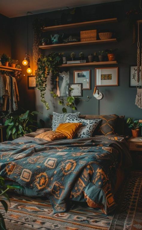 Masculine Small Bedroom Ideas, Bedroom Decor Books, Small Victorian Bedroom Ideas, L Shape Room Ideas Bedrooms, Bedroom Loft Design, Industrial Boho Bedroom, Woodsy Bedroom, Dark Boho Bedroom, Dark Wood Bedroom