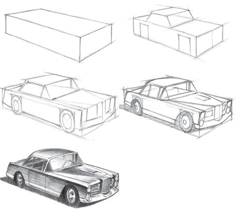 Cars In Perspective Drawing, Car Perspective Sketch, Car 2 Point Perspective, Car Drawing Perspective, How To Draw Cars Perspective, Car Architecture Drawing, Basic Perspective Drawing, Basic Shape Drawing, Basic Architecture Drawing