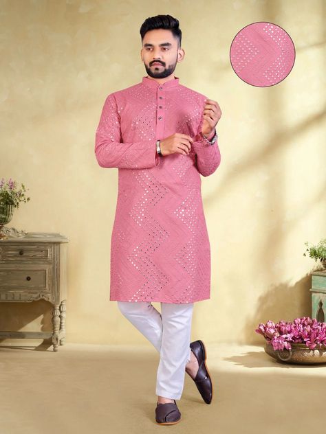 Indian Mirror Work, Indian Mirror, Kurta For Men, Men Kurta, Zigzag Design, Kurta Pajama, Stylish Party, Pink Solid, Kurta Designs