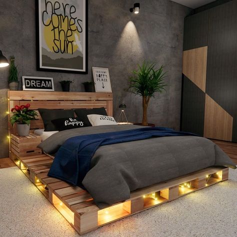 Japanese Beds, Pallet Bedroom, Bed With Lights, Pallet Bed With Lights, Pallet Room, Pallet Bed Frame, Diy Pallet Bed, Pallet Bed, Desain Lanskap