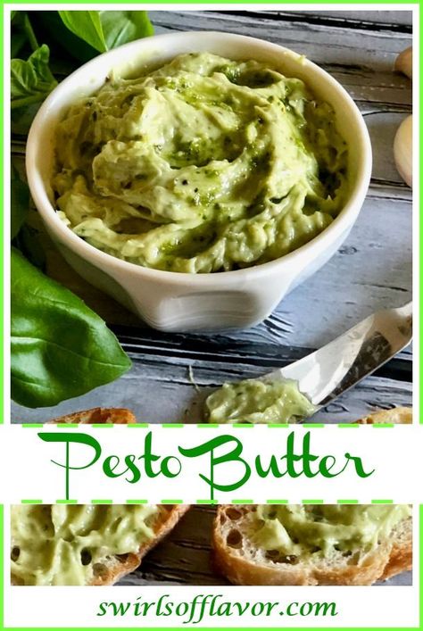 Basil Pesto Butter is an easy two ingredient flavored butter that will make everything taste like summer! Simply combine pesto and butter and toss with hot pasta or vegetables, top over grilled chicken, steak or fish or just slather on a slice of rustic bread. #compoundbutter #flavoredbutter #pestobutter #basilbutter #basilpestobutter #summer #easyrecipe #swirlsofflavor Basil Pesto Butter, Pesto Butter, Butter Ideas, Flavored Butter Recipes, Homemade Pesto Recipe, Butter Recipes Homemade, Compound Butters, Seasoned Butter, Two Ingredient