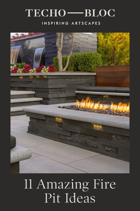 Outdoor Stone Fire Pit Ideas, Backyard Fire Features, Backyard Gas Fire Pit Ideas, Modern Firepits Backyard, Modern Firepits Backyard Ideas, Rectangle Fire Pit Ideas, Courtyard Fire Pit, Stone Fire Pit Ideas, Modern Outdoor Fire Pit