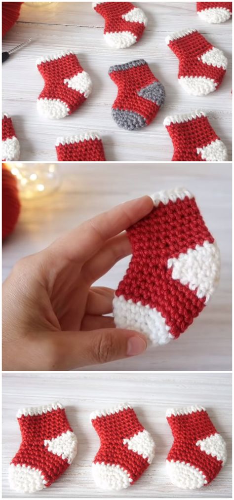 Crochet Mini Santa Socks - We Love Crochet Crochet Mini Socks Free Pattern, Christmas Crochet Socks, Easy Christmas Stocking Crochet, Crochet Christmas Socks Free Pattern, Crochet Mini Stocking Pattern Free, Crochet Christmas Socks, Christmas Granny Square, Santa Shoes, Santa Slippers