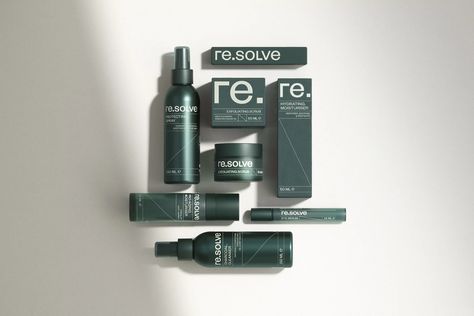 Re.solve is a grooming brand targeted towards the modern man. With a focus on boosting confidence effortlessly, its ‘SKIN.CARE’ range focuses on fixing long-term skin problems whilst its ‘SKIN.WEAR’ products discreetly hide short-term imperfections. When crafting the branding, London-based design agency Two Create Studio delivered on all touch points; from name development, visual identity, tone of voice and packaging design, through to campaign collateral including art direction for stills, fil Mens Skin Care Packaging, Skin Care Branding Design, Mens Skincare, Product Render, Cosmetic Shelf, Charcoal Cleanser, Boosting Confidence, Cosmetic Packaging Design, Tone Of Voice