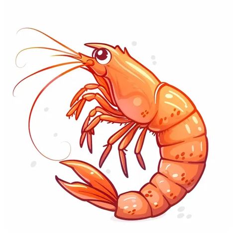 ↑↑↑ Larger size on website 🔸 A cartoon shrimp with large, expressive eyes and a curled body is depicted against a white backgroun 🔸 From Midjourney AI Image Shrimp Character Design, Shrimp Illustrations, Shrimp Animal, Cartoon Shrimp, Shrimp Drawing, Shrimp Cartoon, Seafood Art, Raw Prawns, Preppy Dog