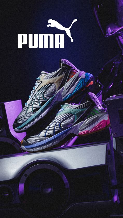 PUMA #VELOPHASIS PUMA's latest silhouette draws inspiration from the Vaporwave movement and is constructed with bright tones that contrast with the sobriety of its design. The first three colorways of the PUMA VELOPHASIS release 2.11.23. Enter the draw: https://feature.com/collections/current-releases Puma Ads, Puma Ad, Puma Velophasis, Silhouette Drawing, Tenis Nike, Buy List, Splash Page, Summer Wallpaper, Brand Ambassador