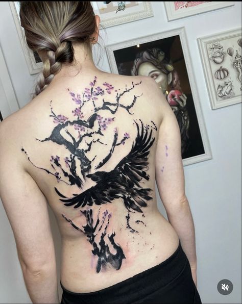 Artist - @kelly_mcquirktattoo Studio -@foxandmoontattoo Raven Tattoo, Cherry Blossom, Blossom, Cherry, Tattoos