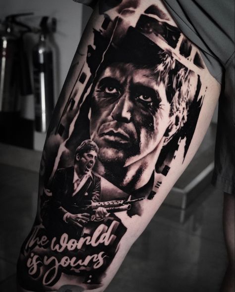 Tony montana tattoo Tony Montana Tattoo, Scarface Tattoo, Back Ear Tattoo, Montana Tattoo, Arm Tattoos For Guys Forearm, Tattoos Forearm, Mangas Tattoo, Half Sleeve Tattoos Forearm, Scarface Movie