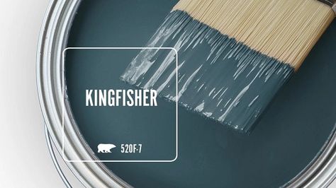 KINGFISHER 520F-7 | Behr Paint Colors Kingfisher Colour Palette, Small Bathroom Wall Colors Paint, Blue Paint Samples, Behr Blue Paint Colors, Lakeside Farmhouse, Behr Blue, Behr Marquee Paint, Kingfisher Painting, Small Bathroom Paint