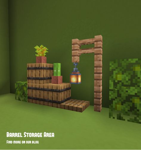 Minecraft Barrel Storage, Minecraft Barrel Ideas, Minecraft Bush Designs, Storage Area Minecraft, Minecraft Lamp Post, Minecraft Storage Room Ideas, Simple Minecraft Builds, Amazing Minecraft Houses, Minecraft Storage Room