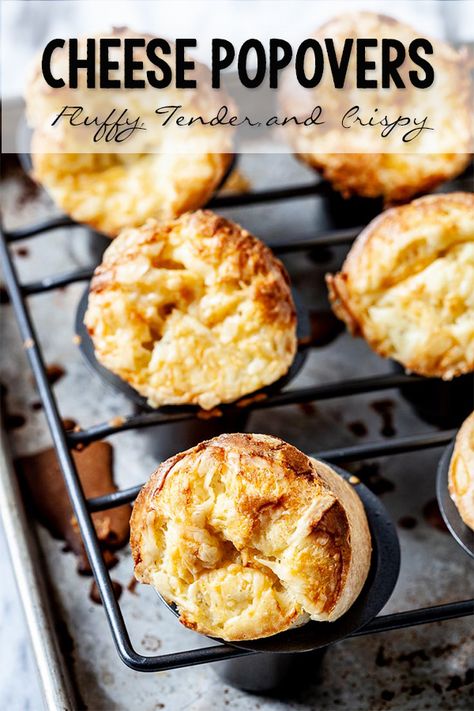 Fluffy, Soft Cheese Popovers have a crispy exterior. Easy, cheesy, delicious. Keto Cheese Popovers, Cheesy Popovers, Cheese Popovers, Povitica Recipe, Popovers Recipe, Southern Buttermilk Biscuits, Roti Bread, Phyllo Pastry, Popover Recipe