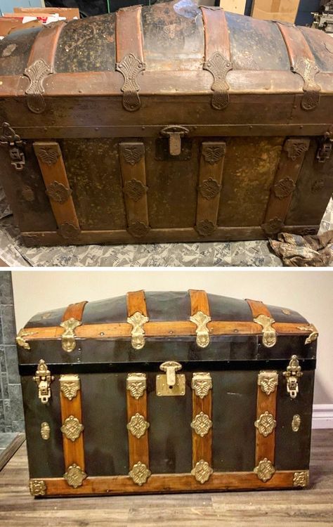 Steamer Trunk Makeover, Trunk Makeover, Trunk Ideas, Metal Trunks, Old Trunks, Garage Sale Finds, Antique Trunk, Trunks And Chests, Vintage Trunks