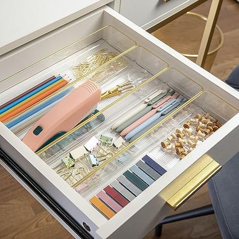 Martha Stewart Kerry Plastic Stackable Office Desk Drawer Organizers, 9" x 3", 8 Pack, with Gold Trim Stackable Organizers, Office Desk Drawer, Desk Drawer Organizers, Work Desk Organization, Work Office Decor, Organized Desk Drawers, Desk Drawer, Cubicle Decor, Cute Office