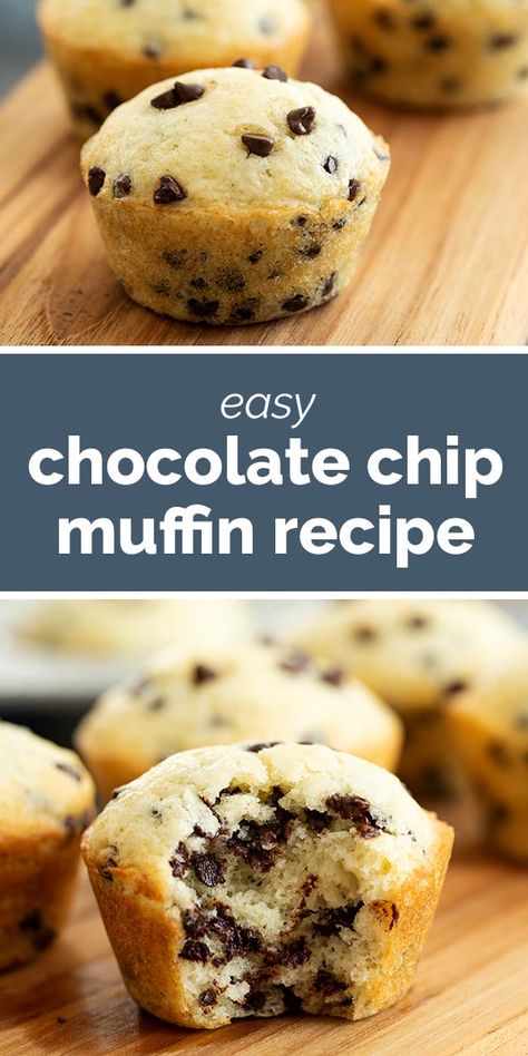 Start your morning off on a sweet note with this simple Chocolate Chip Muffin Recipe. These muffins take minutes to whip up the batter so you can have a sweet treat on the table in no time. #recipe #muffin #chocolate #baking #breakfast Tasty Recipes For Dessert, Easy Chocolate Chip Muffin Recipe, Easy Muffin Recipes, Basic Muffin, Best Chocolate Chip Muffins, Chocolate Chip Muffins Easy, Baking Breakfast, Easy Chocolate Desserts, Dish Ideas