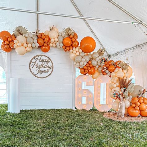 Orange Birthday Parties, Fall Backdrops, Orange Birthday, Orange Decor, Birthday Balloon Decorations, 70th Birthday Parties, Balloon Backdrop, Balloon Flowers, Fall Party