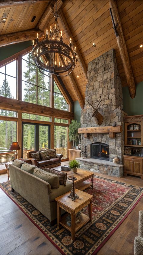 rustic living rooms ideas Apartment Home Office Ideas, Rustic Lodge Living Room, Cozy Rustic Cabin, Rustic Cabin Living Room, Antler Mounts, Lodge Living Room, Rustic Living Room Ideas, Log Home Plans, Cabin Living Room