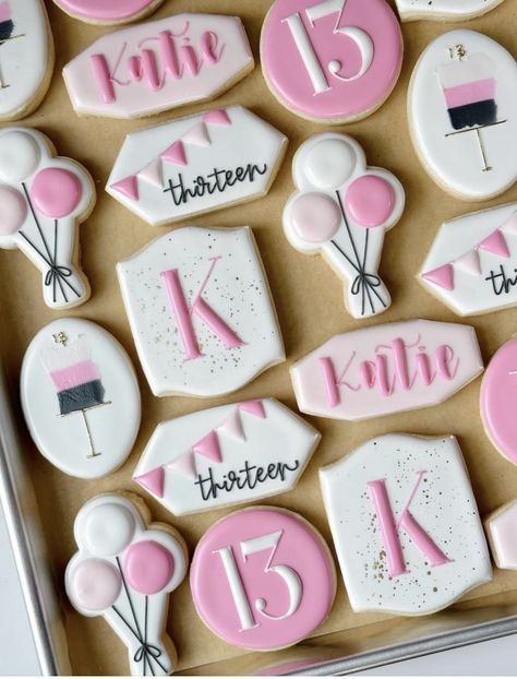 Sweet 16 Birthday Cookies Decorated, 13th Birthday Cookies Decorated, 13 Birthday Cookies, Preppy Birthday Cookies, Pink Birthday Cookies Decorated, Girly Sugar Cookies, Simple Birthday Cookies Decorated, 19th Birthday Cookies, 20th Birthday Cookies