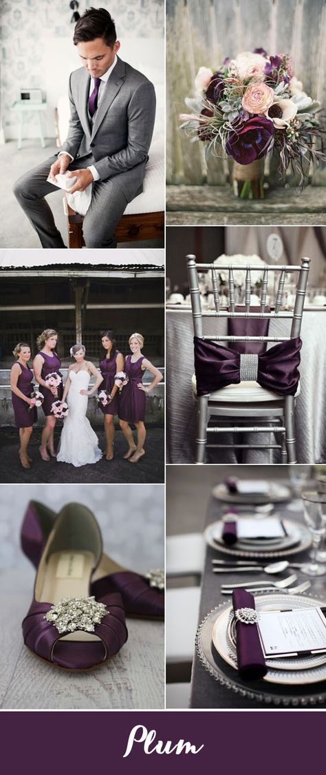 classic plum and silver wedding color ideas Eggplant And Silver Wedding, Plum And Silver Wedding, Eggplant Wedding Colors, Purple Silver Wedding, Purple And Gray Wedding, Grey Wedding Theme, Silver Wedding Theme, Elegant Wedding Colors, Gray Wedding Colors