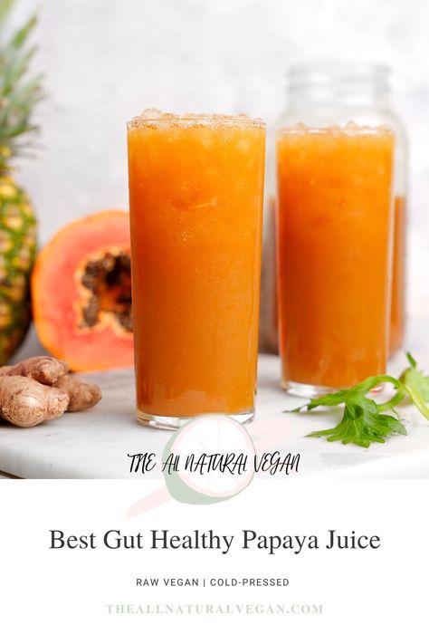 Best Gut Healthy Papaya Juice - The All Natural Vegan Vegan Papaya Recipes, Papaya Juice Recipe, Papaya Juice, Kiwi Juice, Homemade Juice, Detox Juice Recipes, Cold Pressed Juice, Refreshing Summer Drinks, Healthy Benefits