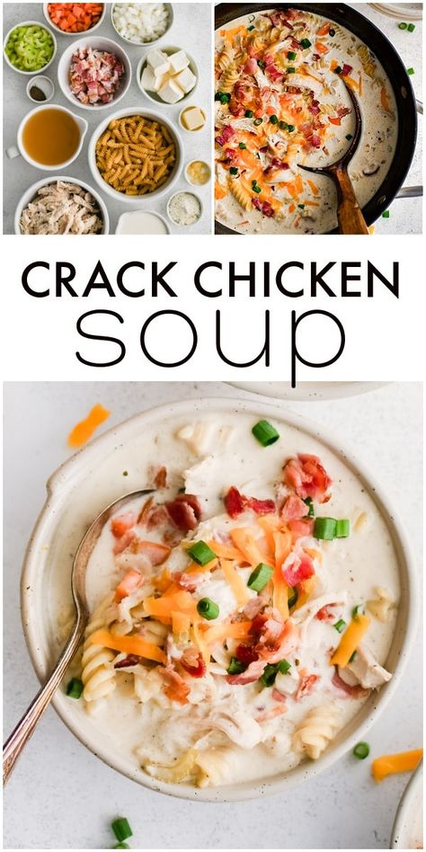 This Creamy Crack Chicken Soup is loaded with shredded chicken, crisp bacon, cooked pasta, ranch seasonings, and all of your favorite creamy crack-inspired ingredients, like cream cheese and heavy cream. It takes just 45 minutes to make and will have the whole family begging for seconds! Shredded Chicken Soup Crockpot, Cracked Chicken Soup, Chicken Soup Crockpot, Cream Pasta, Chicken Gnocchi Soup, Cooked Pasta, Crock Pot Soup, Crockpot Recipes Slow Cooker, Creamy Chicken