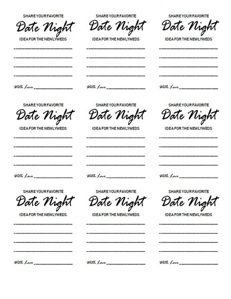 Date Night Ideas Printable Template for an easy Bridal Shower activity! Print and cut these templates for your guests to write in their best date night suggestion for the newlyweds! Free Printable Date Night Cards, Bridal Shower Activity, Date Night Jar, Bridal Shower Activities, Date Night Ideas, Good Dates, Night Ideas, Binders, Printable Cards