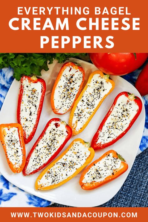 These easy everything bagel cream cheese peppers are the perfect appetizer for game day or any time. Here's how to make them! Bell Pepper Cream Cheese, Cream Cheese Peppers, Everything Bagel Cream Cheese, Everything Bagel Dip, Pepper Cream Cheese, Seasoned Sour Cream, Bagel Dip, Mini Sweet Peppers, Bagel Cream Cheese