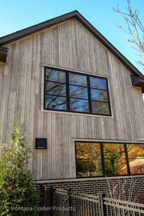 Wood And Metal Exterior, Barnwood Exterior Siding, Stained Siding Exterior, Reclaimed Wood Exterior Siding, Modern Farmhouse Exterior Windows, Vertical Cedar Siding Exterior, Wood Cottage Exterior, Modern Wood Siding, Composite Siding Exterior