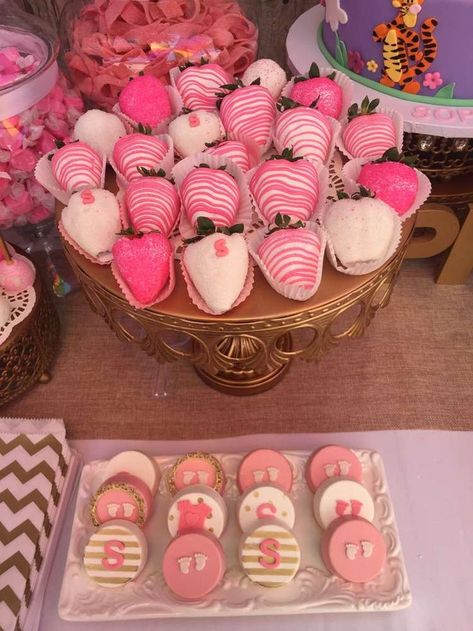 Pink desserts at a floral baby shower party! See more party planning ideas at http://CatchMyParty.com! Baby Shower Desserts Girl, Strawberry Ideas, Showers Ideas, Baby Shower Chocolate, Babyshower Party, Valentines Baby Shower, Pink Desserts, Baby Shower Treats, Shower Desserts