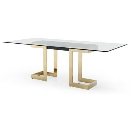 12mm clear tempered glass top. Polished gold stainless steel base. Matt black connector between legs. Made in China. Assembly required. 87 in. L x 39 in. W x 30 in. H. Size: 87 x 39 x 30. Rectangle Dining Table, Wood Pedestal, Glass Dining Table, Solid Wood Dining Table, Wooden Dining Tables, Extendable Dining Table, Wood Dining Table, Better Homes And Gardens, Better Homes